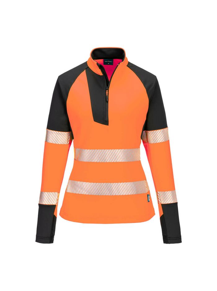 PW3 Warnschutz Damen Sweatshirt 1/4 Reißverschluss, L, R, Orange/Schwarz
