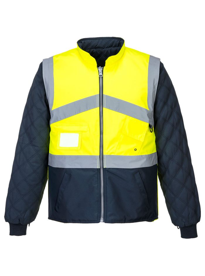 Atmungsaktive Warnschutz 2-in-1-Wendejacke mit Kontrast , 4XL, R, Gelb/Marine